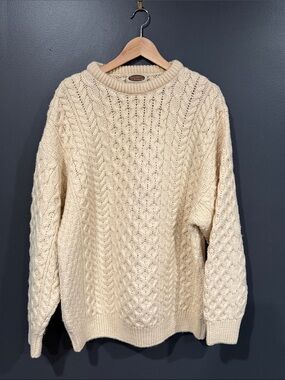 Classic Cream Cable Knit Crewneck Sweater - Men